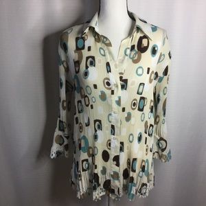 DRESS BARN LS Blouse Cream w/Teal/Brown Retro